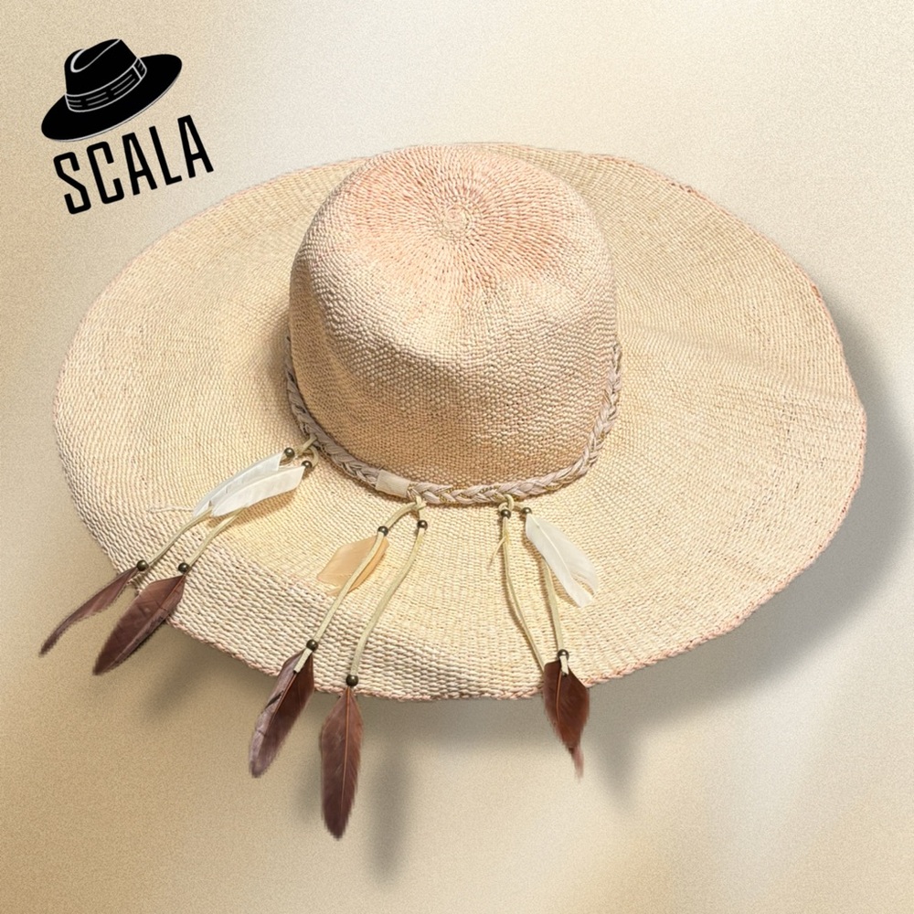 Scala Boho Coastal Cowgirl Straw Sun Hat with Feather Detail
